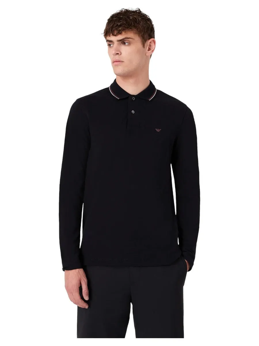 Polo maniche lunghe in piquet stretch con ricamo micro eagle