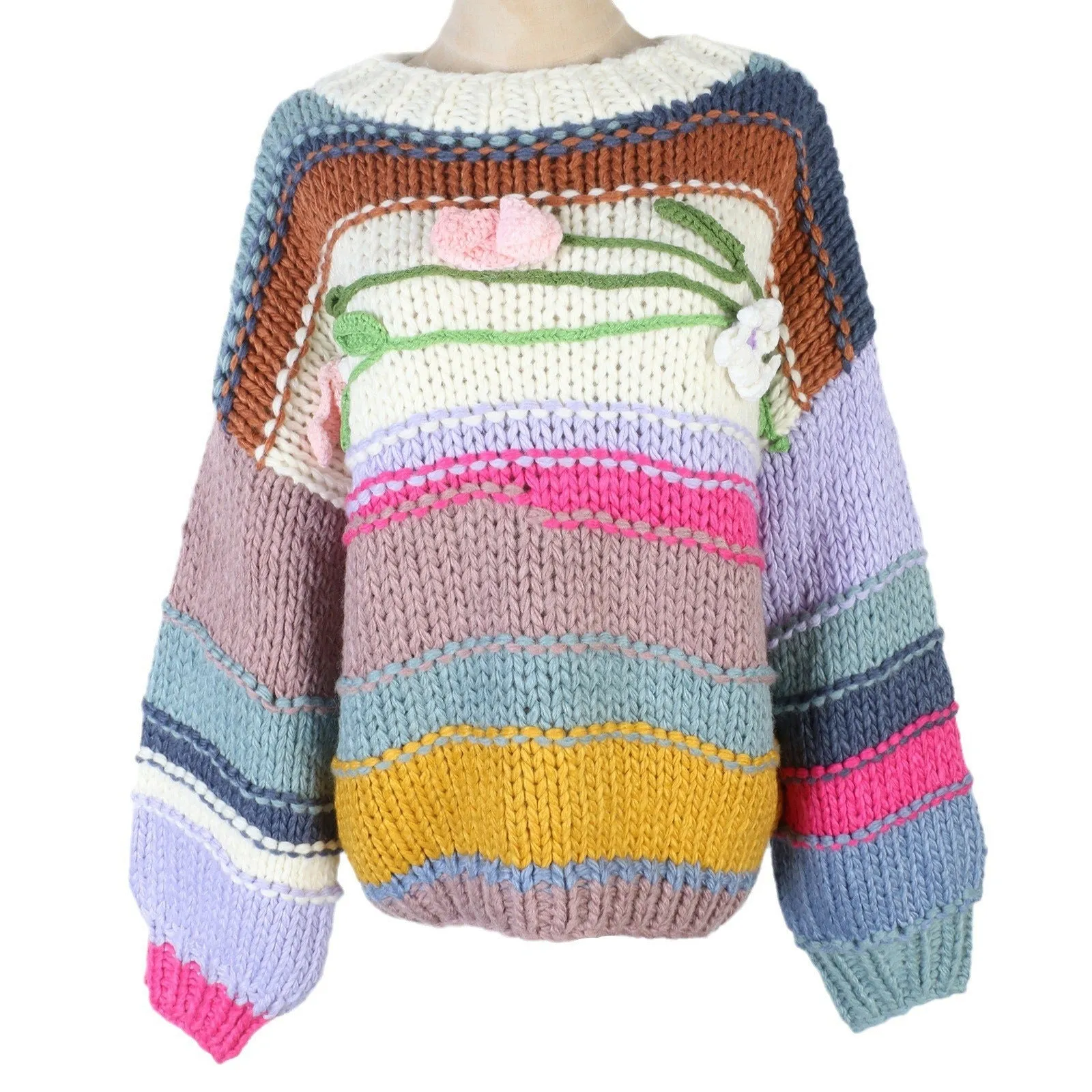 Pre Order:  Striped Loose Long Sleeved 3D Flower Sweater
