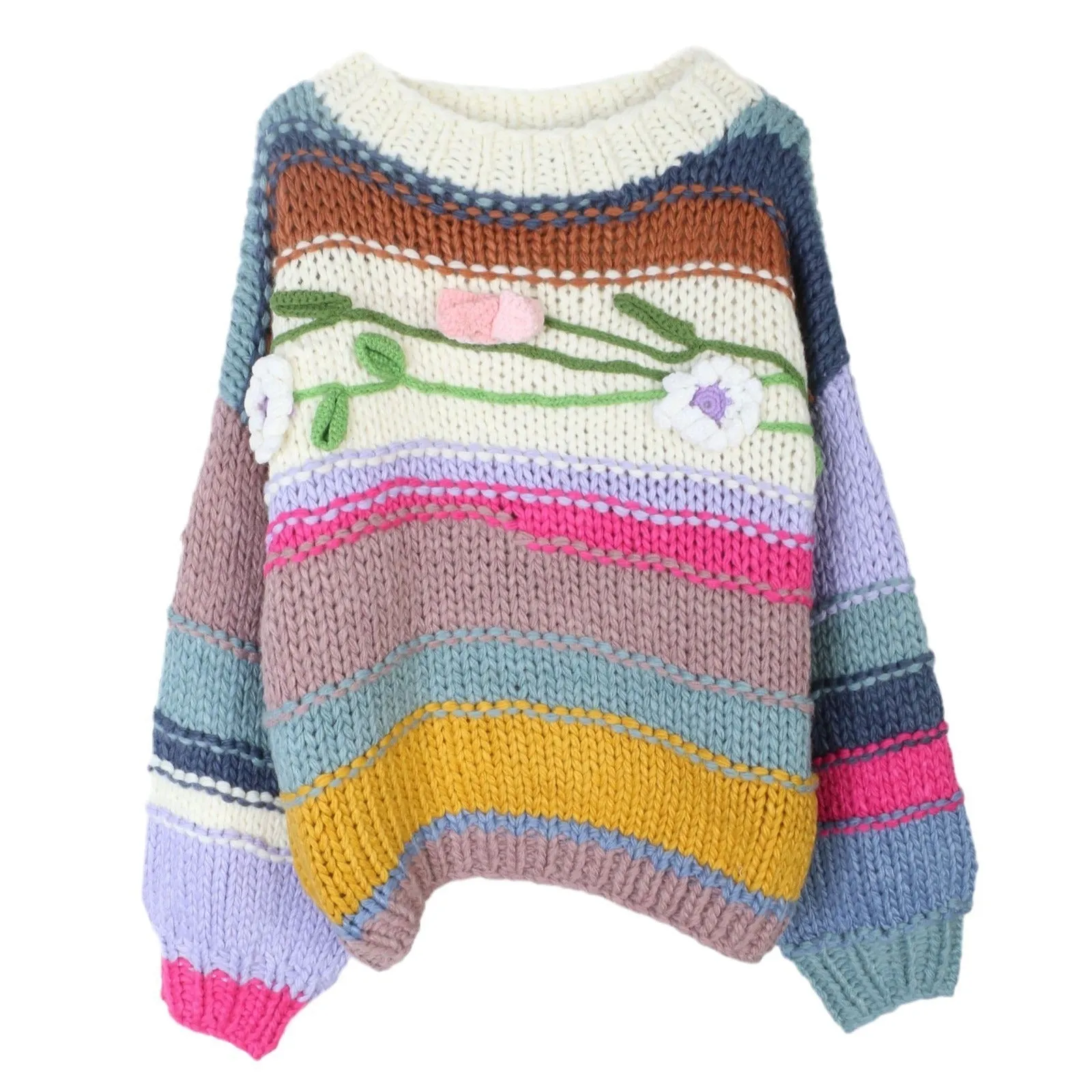 Pre Order:  Striped Loose Long Sleeved 3D Flower Sweater