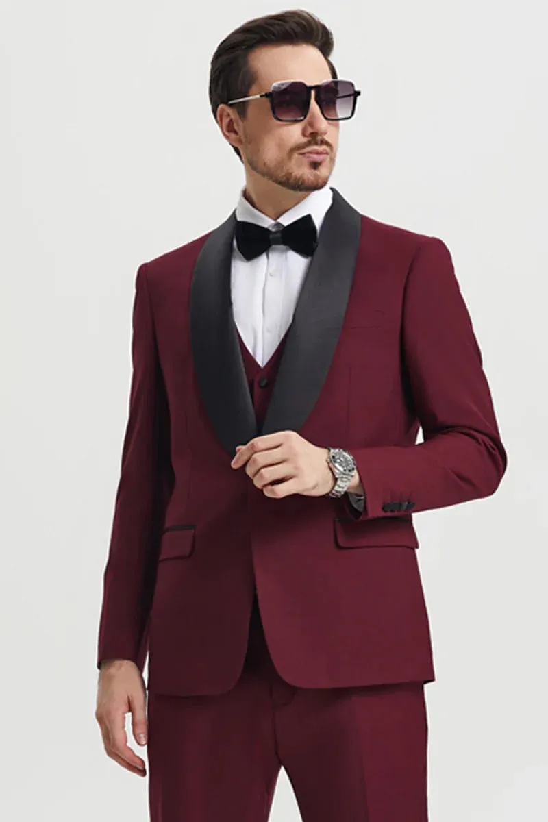 "Calloway" Burgundy 1-Button Shawl Tuxedo (3-Piece Set)