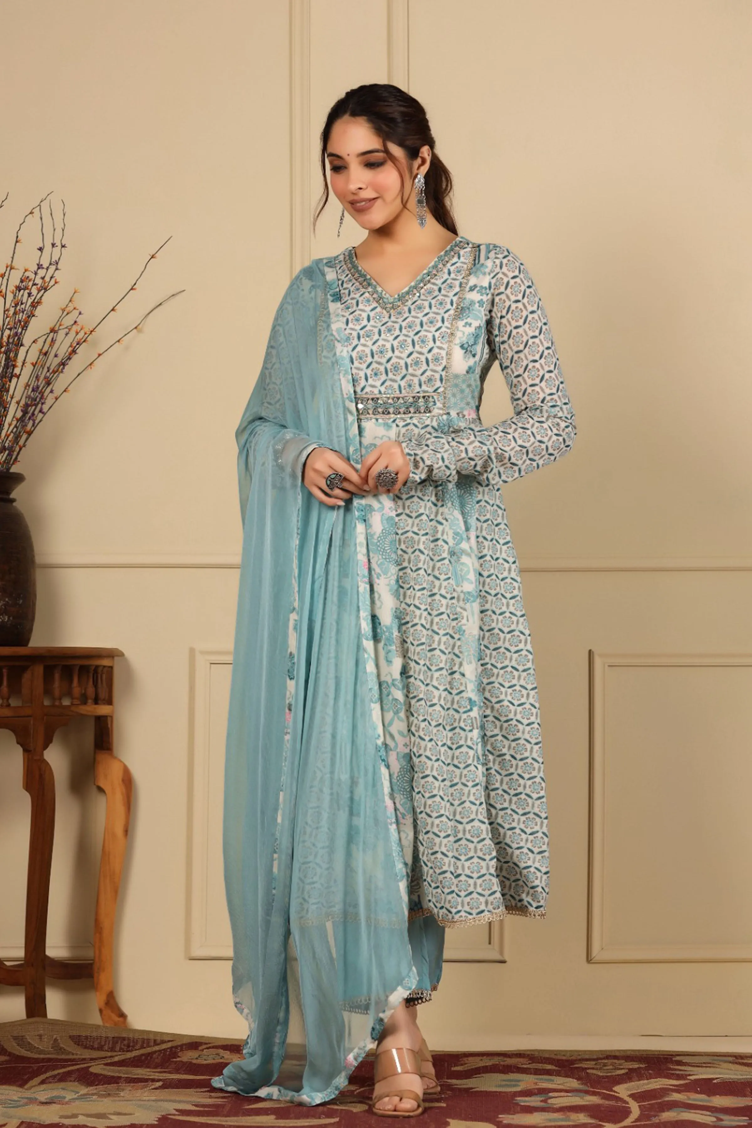 Shimmered Sky Cotton Anarkali Set