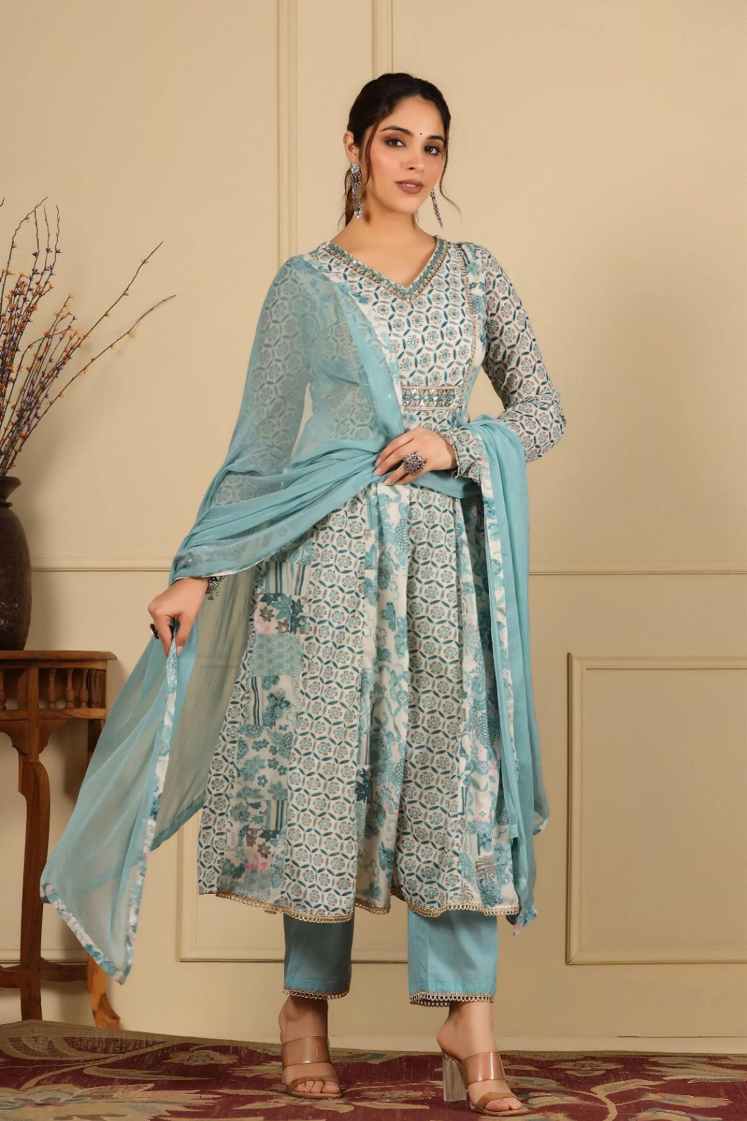 Shimmered Sky Cotton Anarkali Set