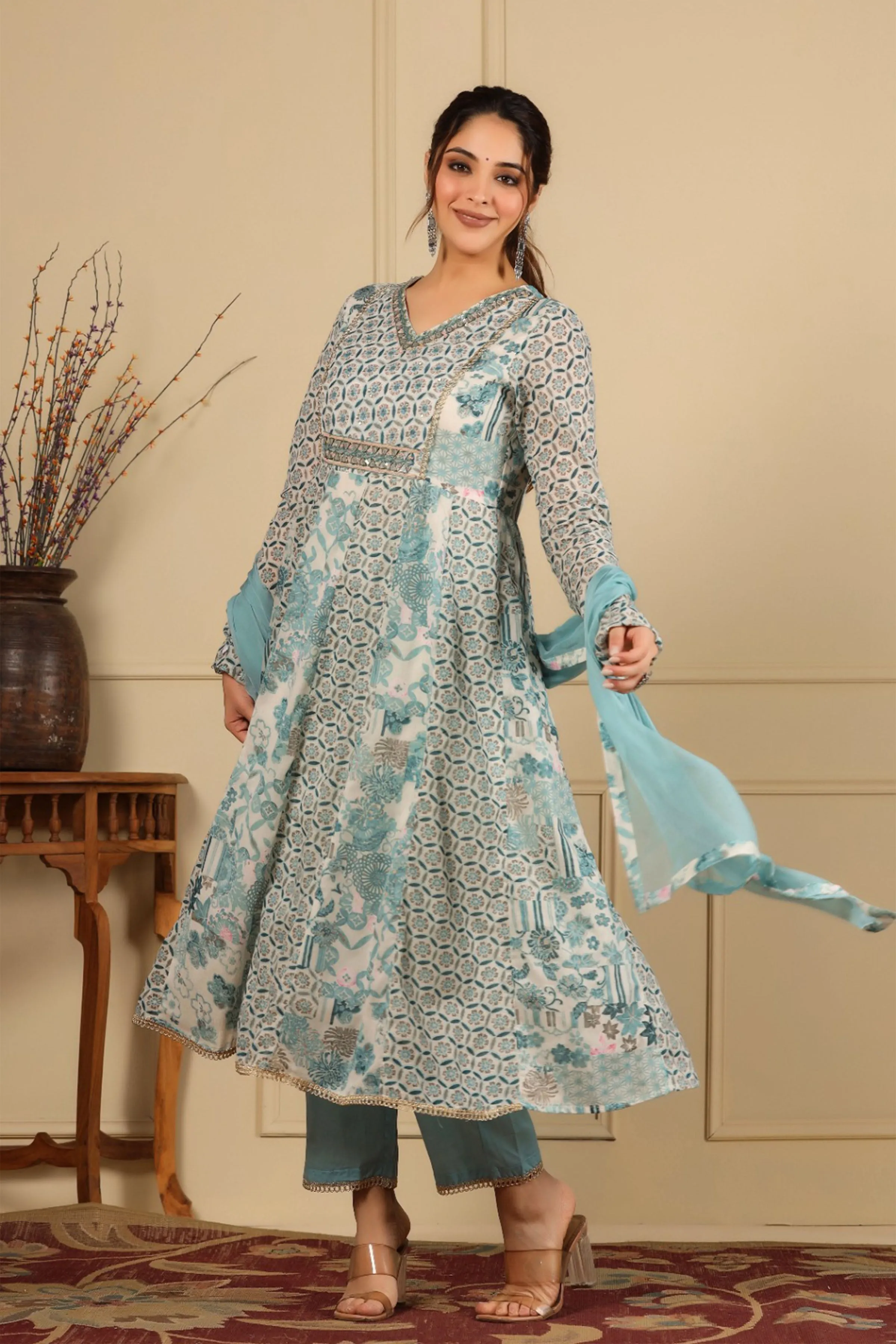 Shimmered Sky Cotton Anarkali Set