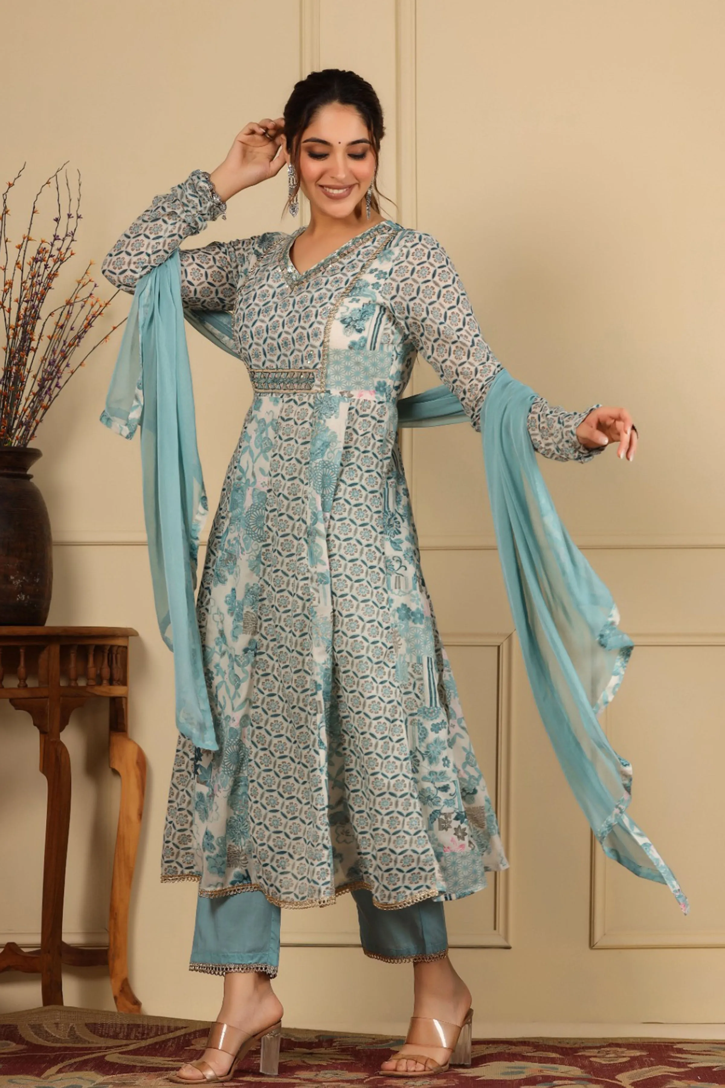 Shimmered Sky Cotton Anarkali Set