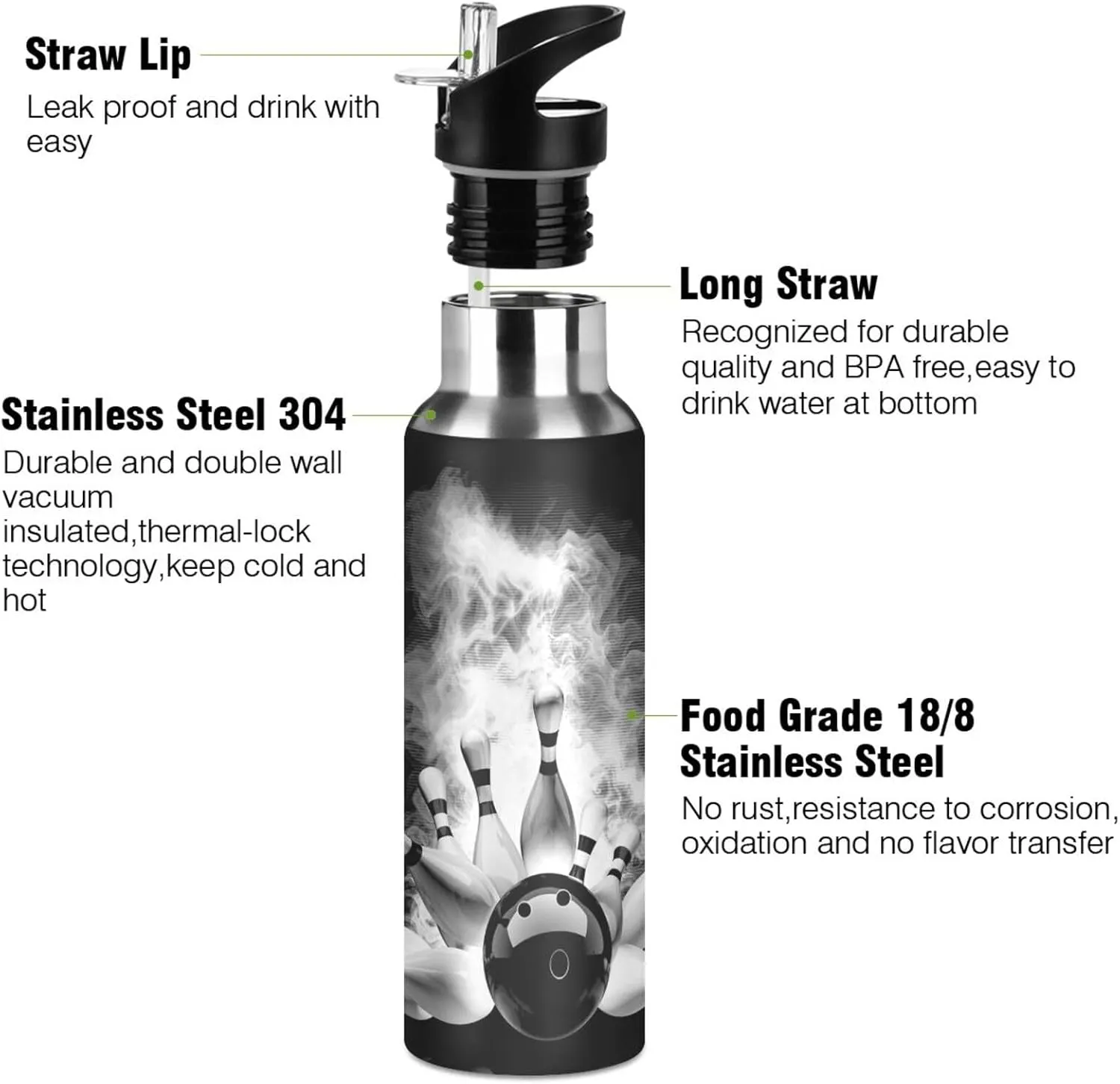 Stainless Steel Water Bottle, Double Thermo Cup Walled Leak-Proof Vacuum Hot Cold Insulated Travel Mug with Handle Bottle 33.8 Oz Print Bowling Ball Crashing into The Pins with Smoke