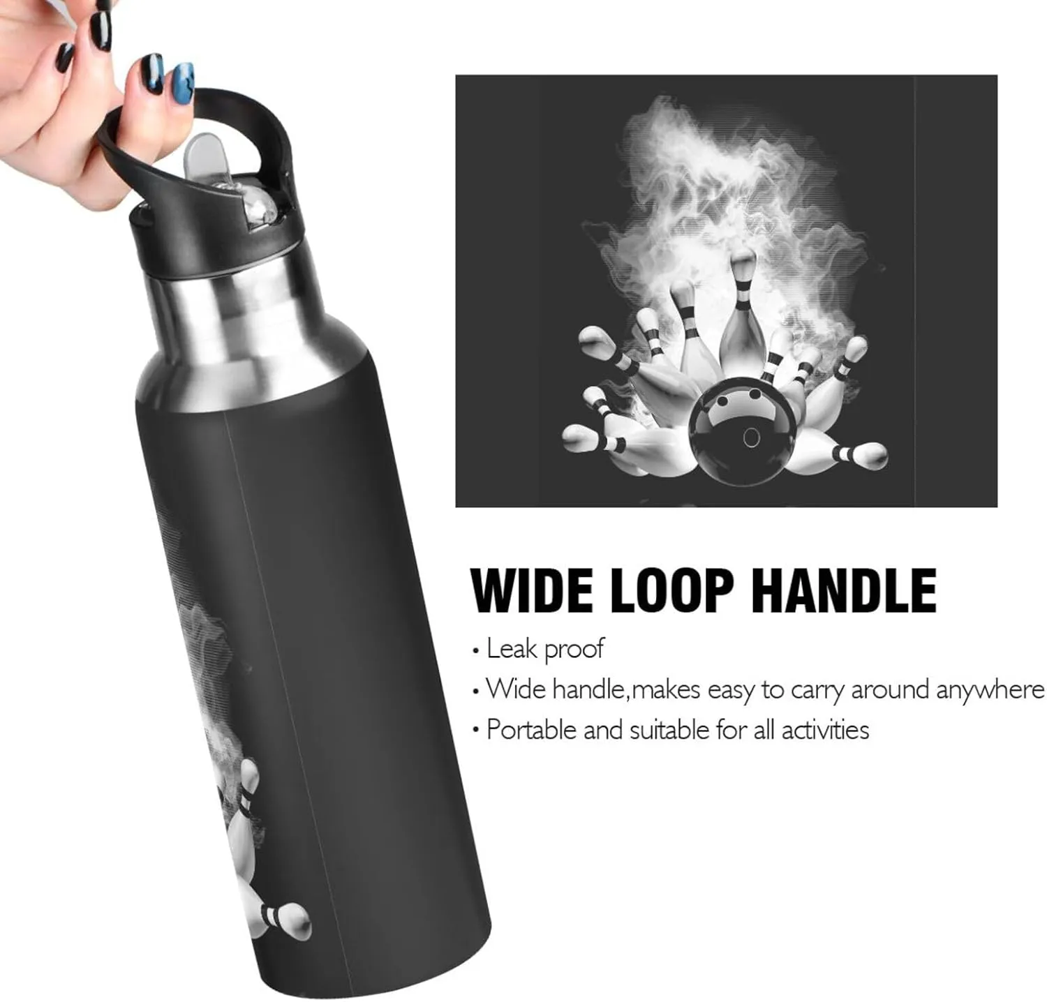 Stainless Steel Water Bottle, Double Thermo Cup Walled Leak-Proof Vacuum Hot Cold Insulated Travel Mug with Handle Bottle 33.8 Oz Print Bowling Ball Crashing into The Pins with Smoke