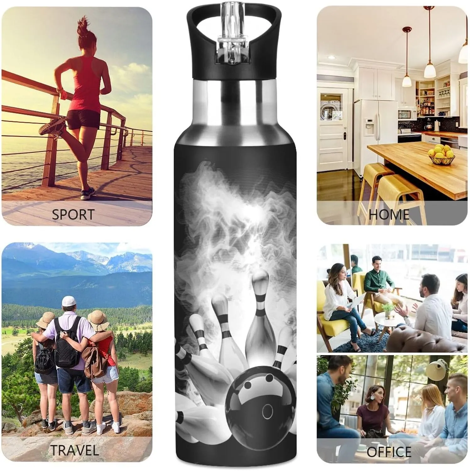 Stainless Steel Water Bottle, Double Thermo Cup Walled Leak-Proof Vacuum Hot Cold Insulated Travel Mug with Handle Bottle 33.8 Oz Print Bowling Ball Crashing into The Pins with Smoke