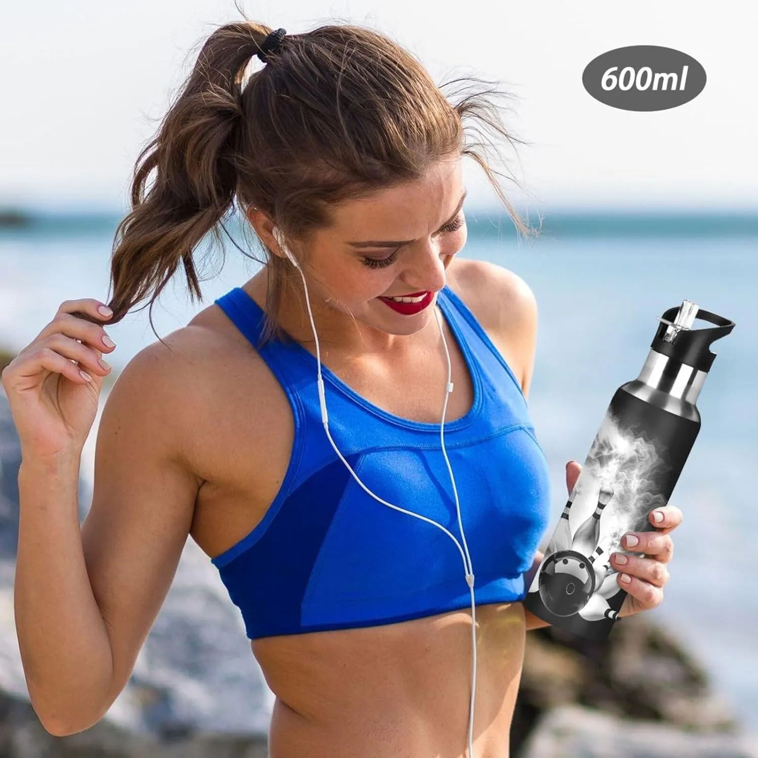 Stainless Steel Water Bottle, Double Thermo Cup Walled Leak-Proof Vacuum Hot Cold Insulated Travel Mug with Handle Bottle 33.8 Oz Print Bowling Ball Crashing into The Pins with Smoke