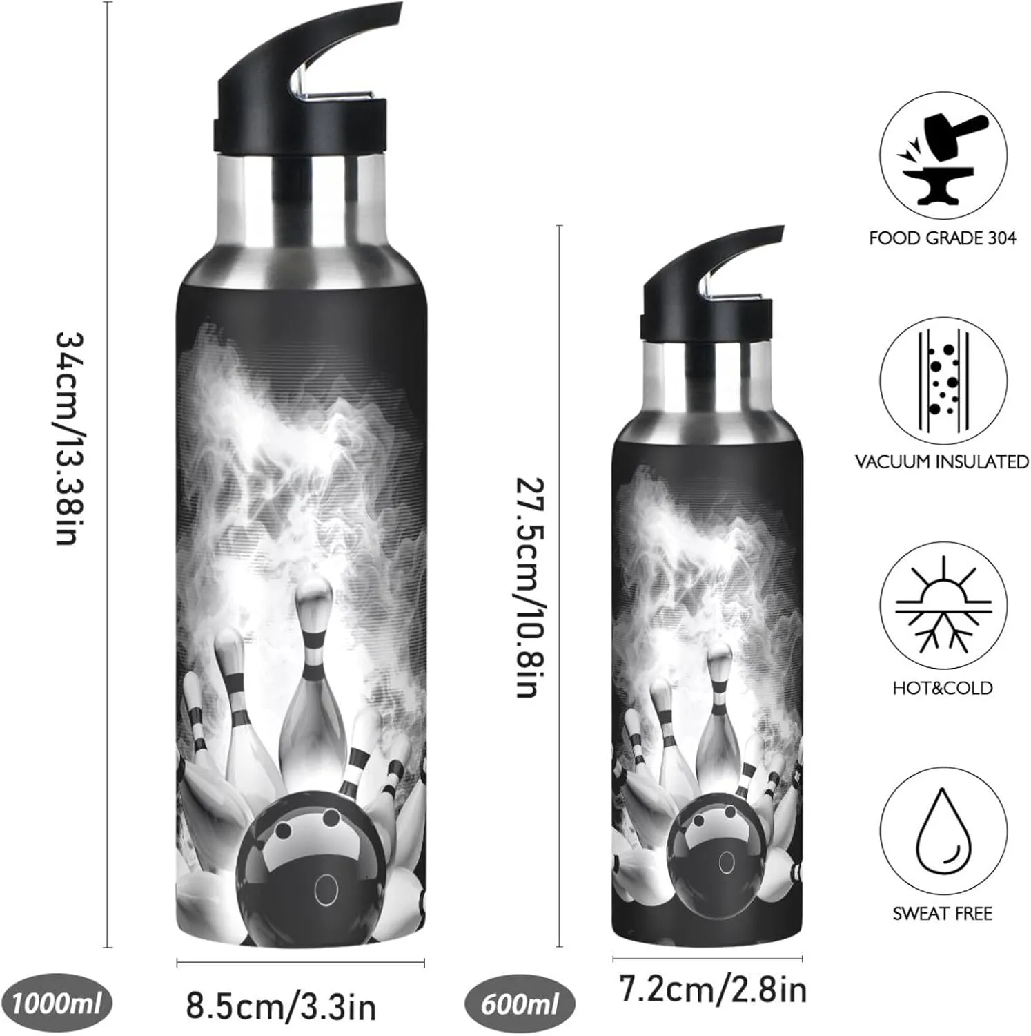 Stainless Steel Water Bottle, Double Thermo Cup Walled Leak-Proof Vacuum Hot Cold Insulated Travel Mug with Handle Bottle 33.8 Oz Print Bowling Ball Crashing into The Pins with Smoke
