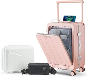 Stay Organized & Secure with 20 Inch Aluminum Frame Carry-On Luggage, Front Open Design, PC Hard Shell, 360 Dual Wheels, Pink