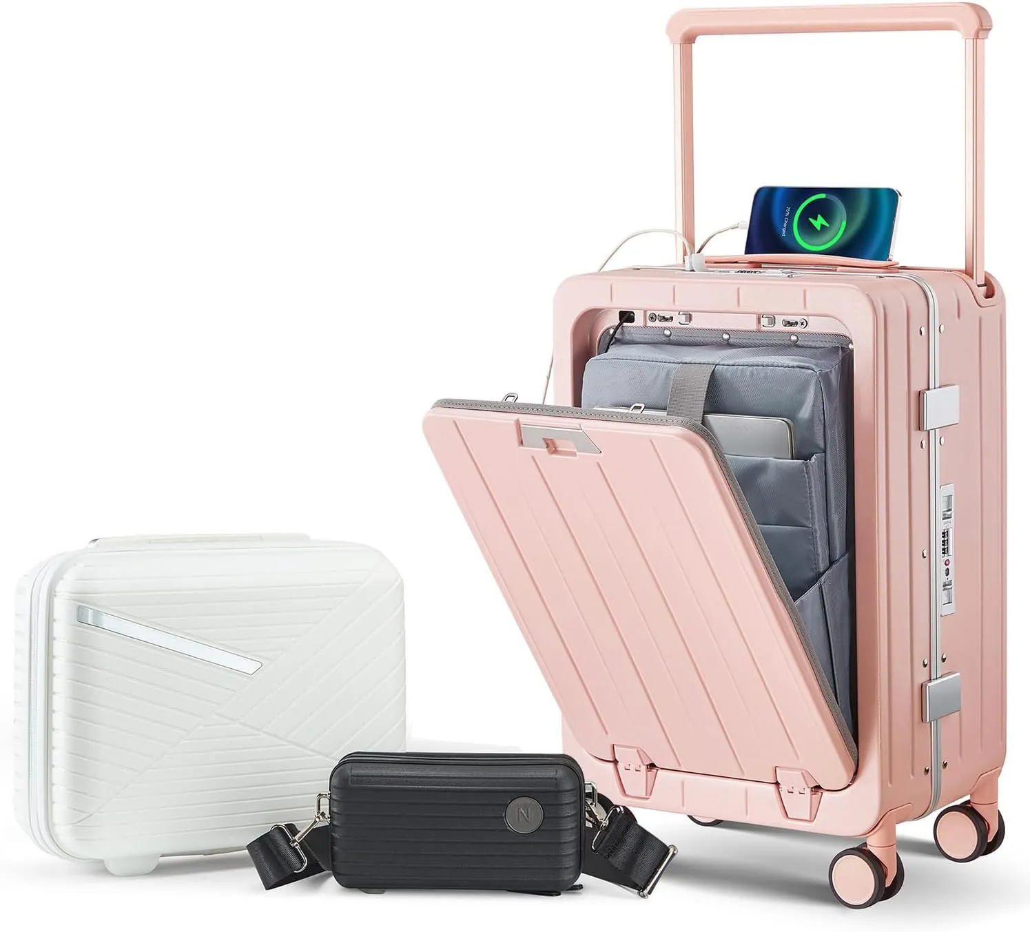 Stay Organized & Secure with 20 Inch Aluminum Frame Carry-On Luggage, Front Open Design, PC Hard Shell, 360 Dual Wheels, Pink