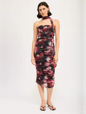 Strapless Shirred Dress with Scarf