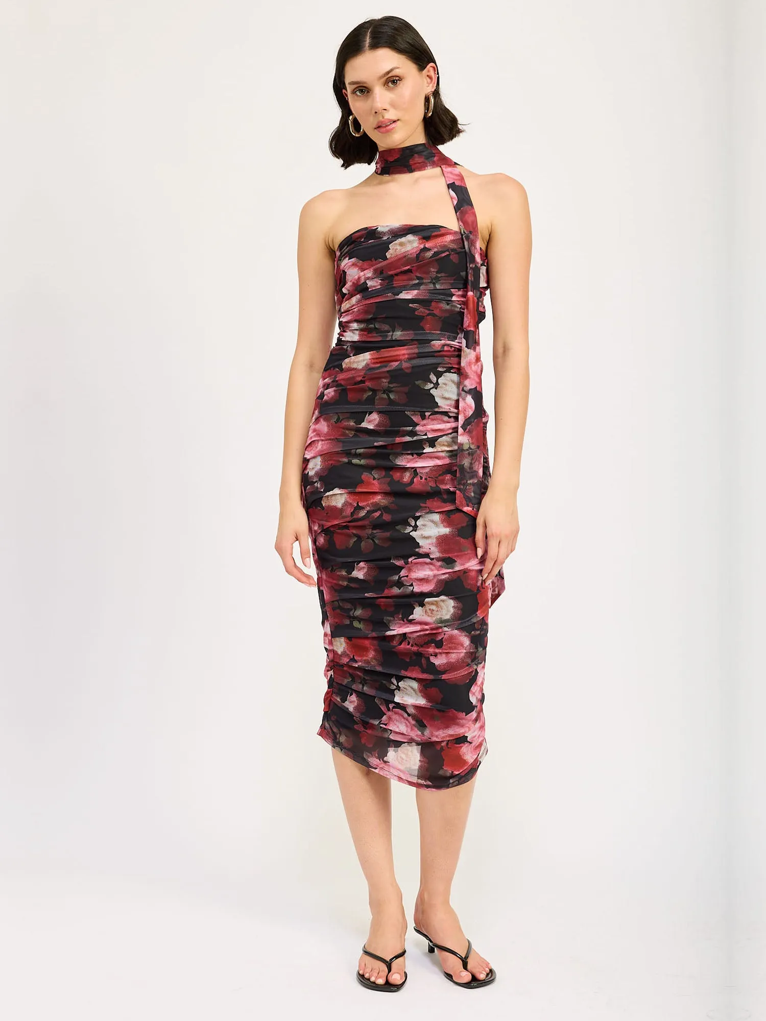 Strapless Shirred Dress with Scarf