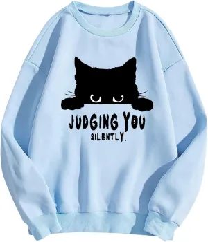 Sweatshirts for Women Loose Fit Funny Cat Print Graphic Hoodie Crew Neck Long Sleeve Oversized Hoodie Fall Trendy