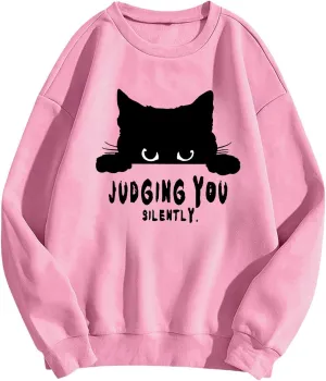Sweatshirts for Women Loose Fit Funny Cat Print Graphic Hoodie Crew Neck Long Sleeve Oversized Hoodie Fall Trendy