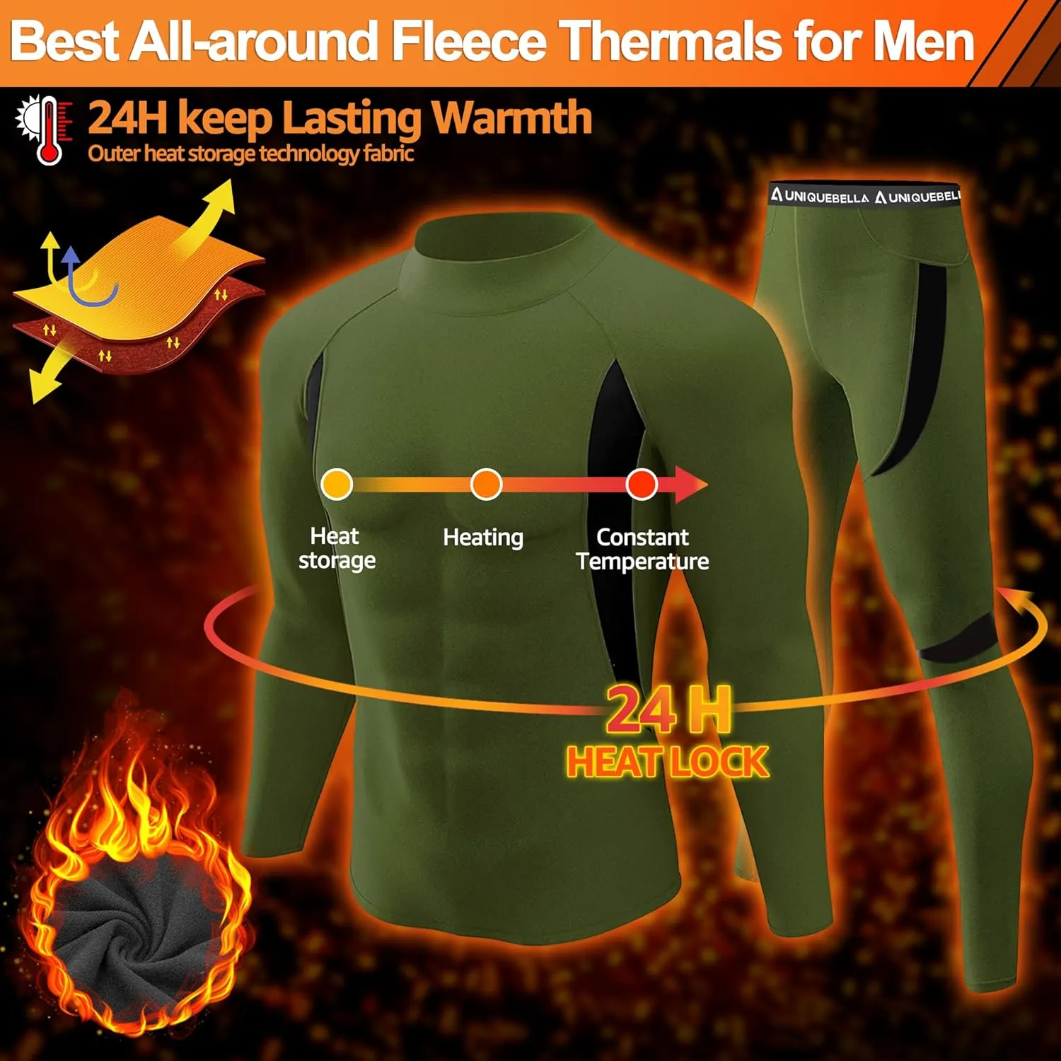 UNIQUEBELLA Men's Thermal Underwear Sets Top & Long Johns Fleece Sweat Quick Drying Thermo Base Layer