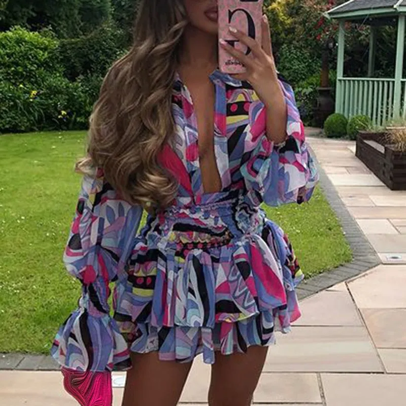 Wenkouban  V Neck Suits Women Fashion Lantern Sleeve Suit Women Elegant Loose Ruffles Mini Skirts Suits Female Ladies