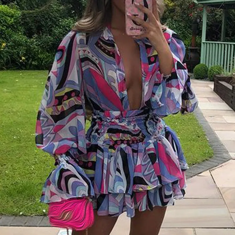 Wenkouban  V Neck Suits Women Fashion Lantern Sleeve Suit Women Elegant Loose Ruffles Mini Skirts Suits Female Ladies