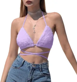 Women Sexy Furry Bra Top Rave Halter Crop Top Deep V Neck Top Tie Up Backless Crop Tank Top Cute Camisole Rave Outfits