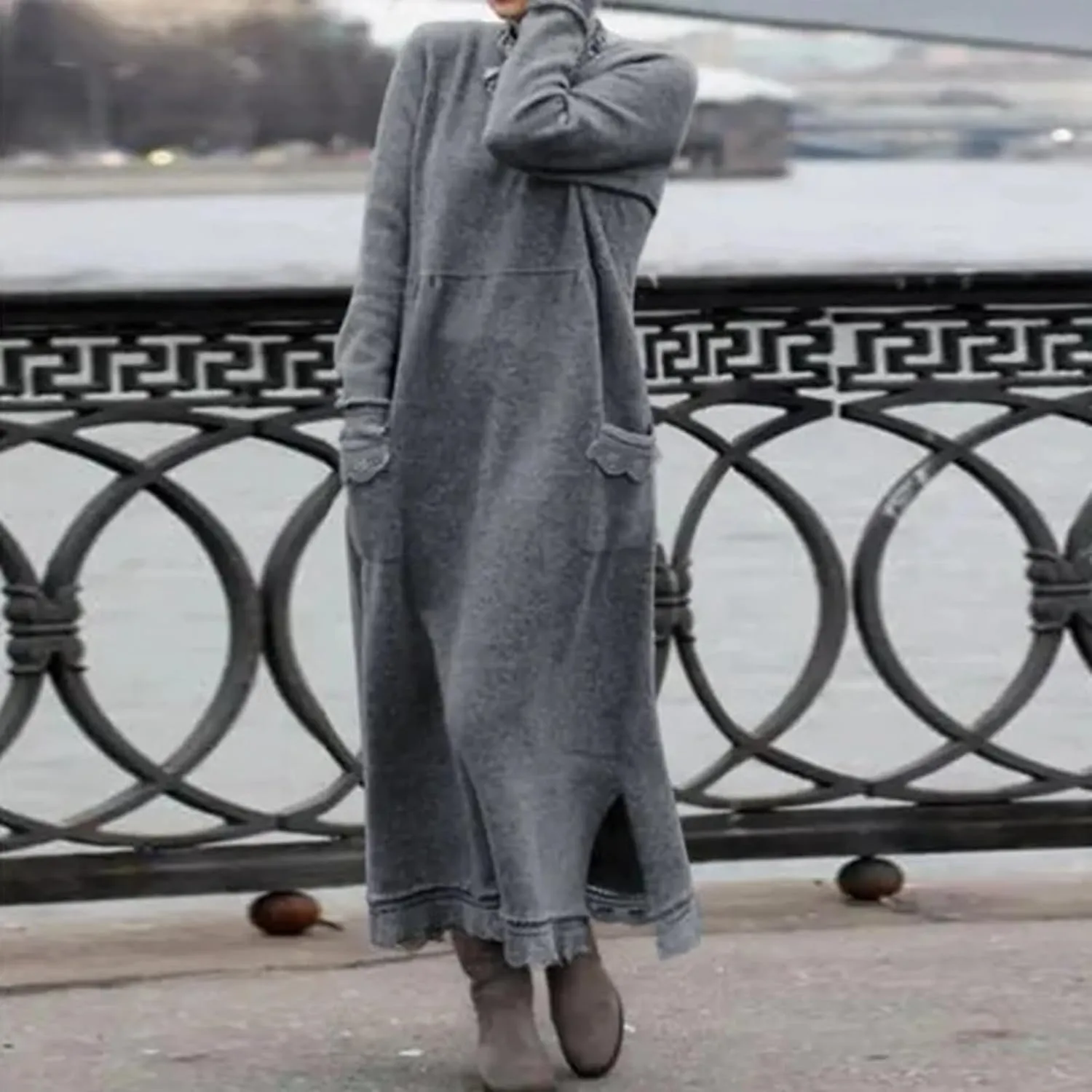Womens Long Sleeve Sweatshirt Dresses Maxi Hooded Dress Ladies Casual Oversized Relaxed Fit Flowy Dress with Side Slit