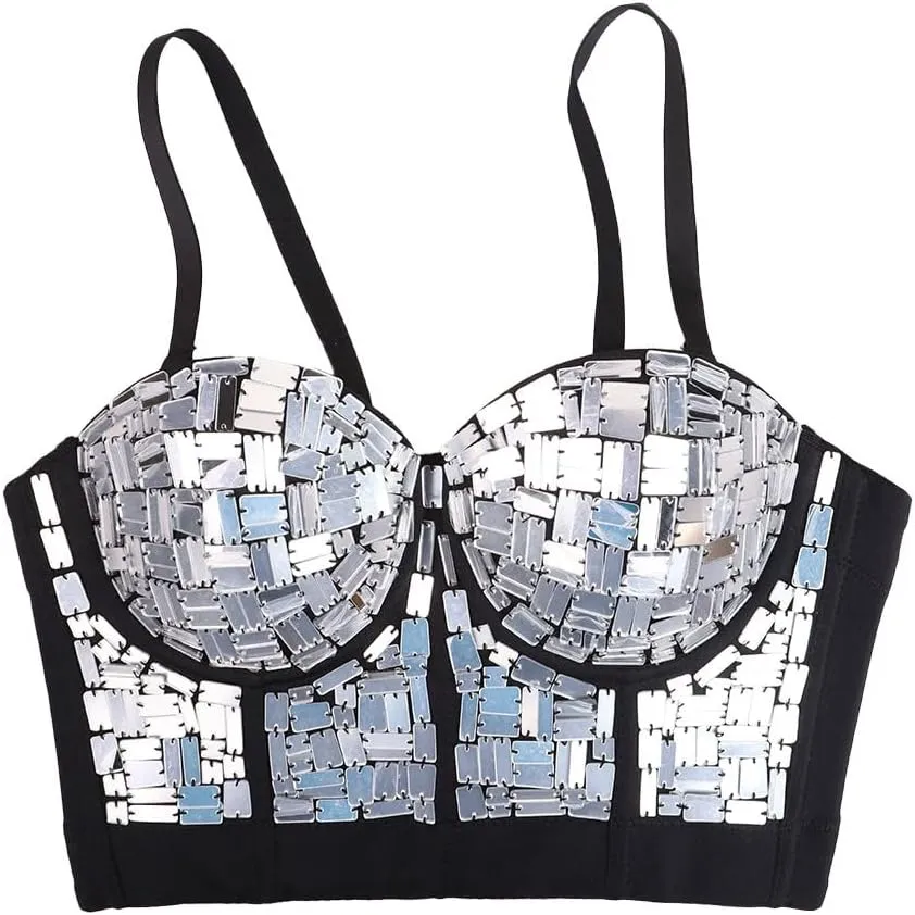 Women's Sequin Bustier Top - Cropped Embellished Cami Top