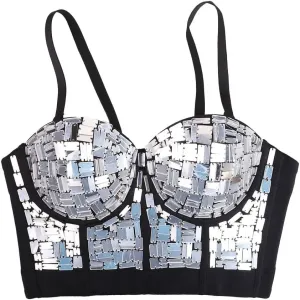 Women's Sequin Bustier Top - Cropped Embellished Cami Top