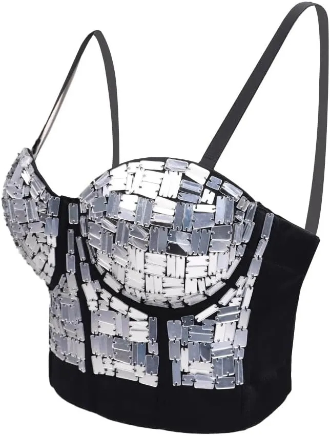 Women's Sequin Bustier Top - Cropped Embellished Cami Top