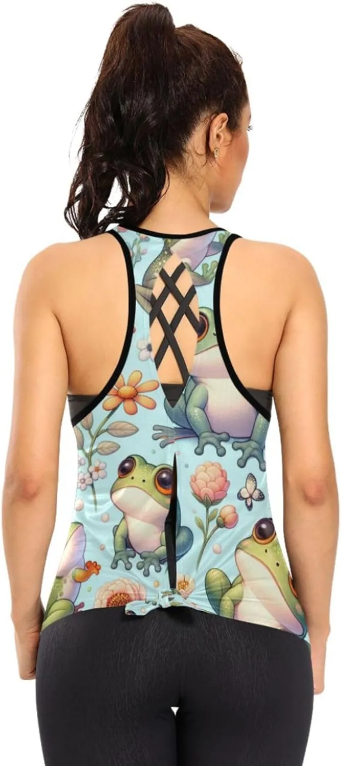 Women's Workout Tank Top Cute-Cartoon-Frog-Floral Sleeveless Sport Gym Top Athletic Yoga Tank Top