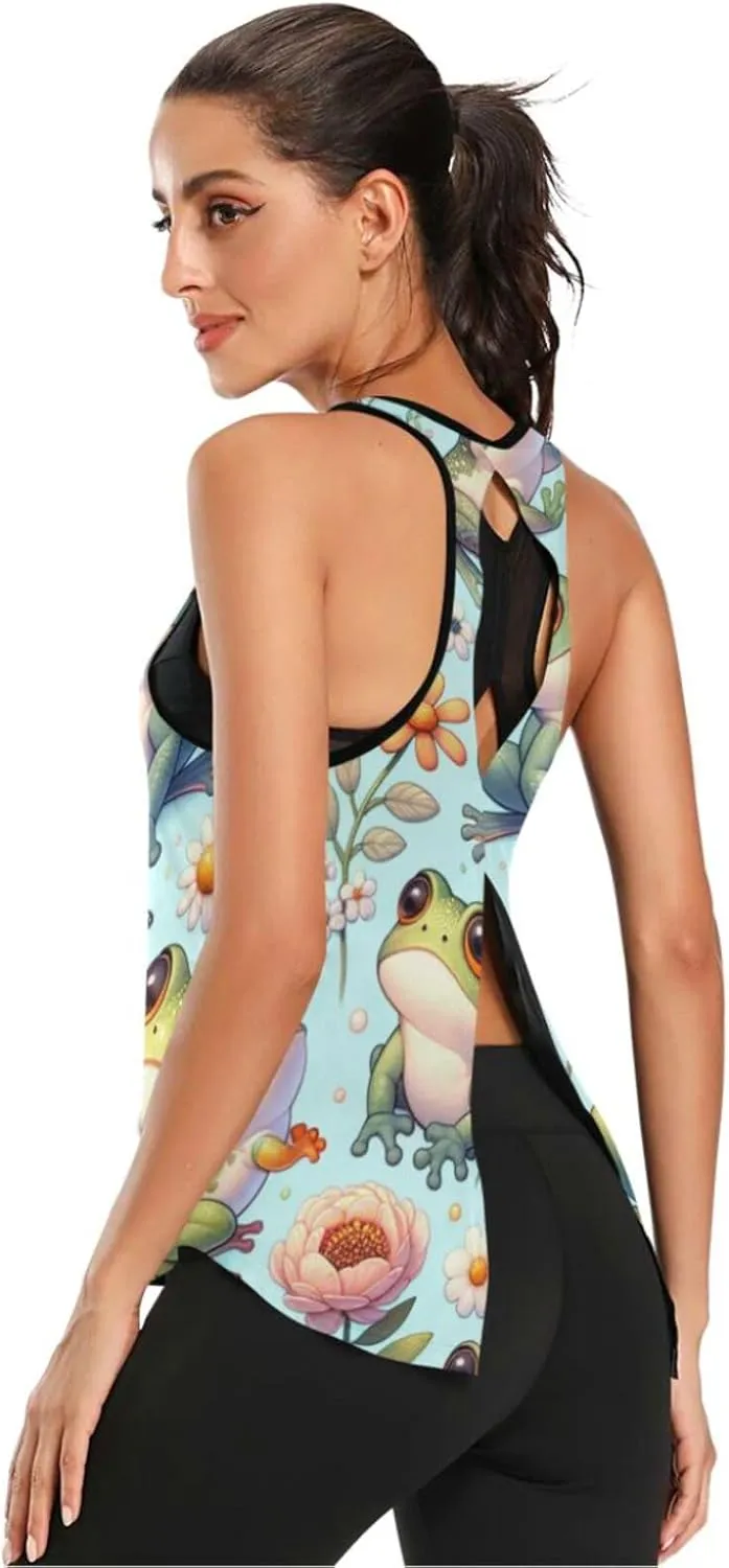 Women's Workout Tank Top Cute-Cartoon-Frog-Floral Sleeveless Sport Gym Top Athletic Yoga Tank Top
