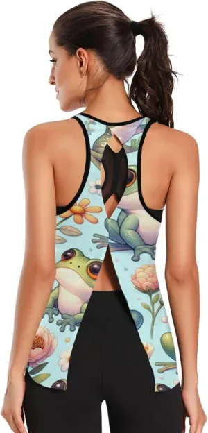 Women's Workout Tank Top Cute-Cartoon-Frog-Floral Sleeveless Sport Gym Top Athletic Yoga Tank Top