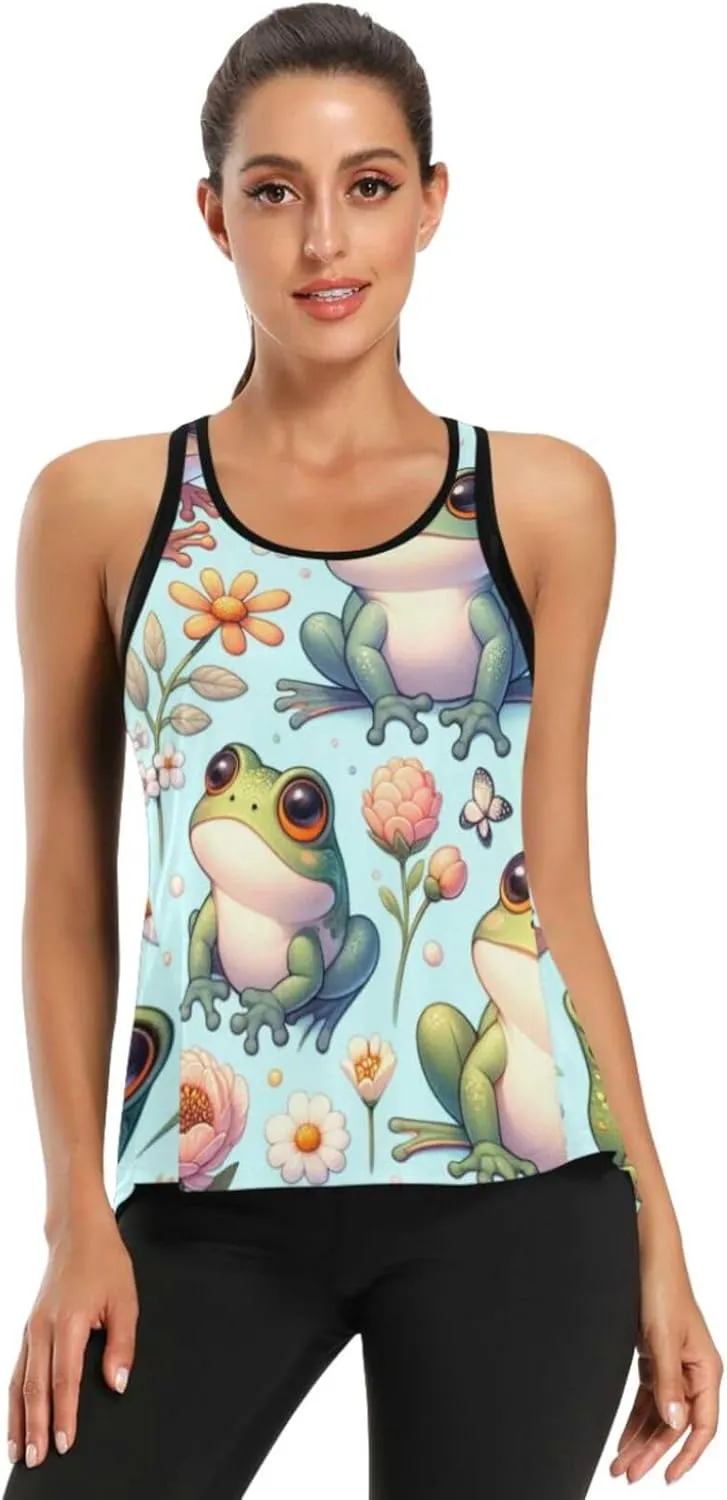 Women's Workout Tank Top Cute-Cartoon-Frog-Floral Sleeveless Sport Gym Top Athletic Yoga Tank Top