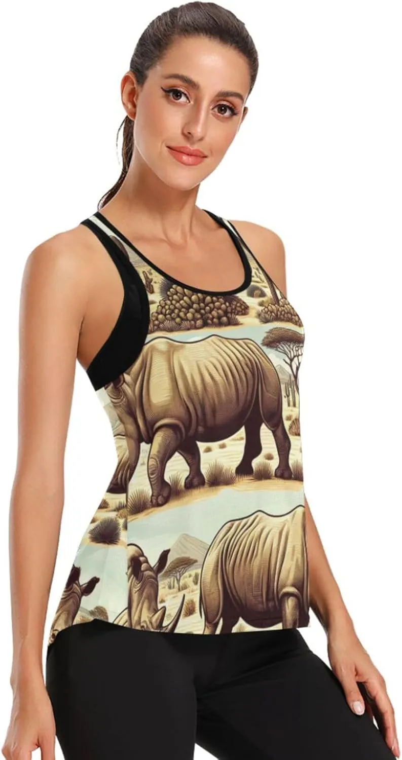 Women's Workout Tank Top Endangered-Rhino-Desert Sleeveless Sport Gym Top Athletic Yoga Tank Top