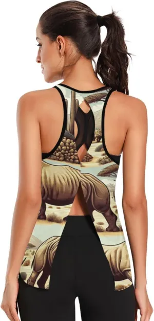 Women's Workout Tank Top Endangered-Rhino-Desert Sleeveless Sport Gym Top Athletic Yoga Tank Top
