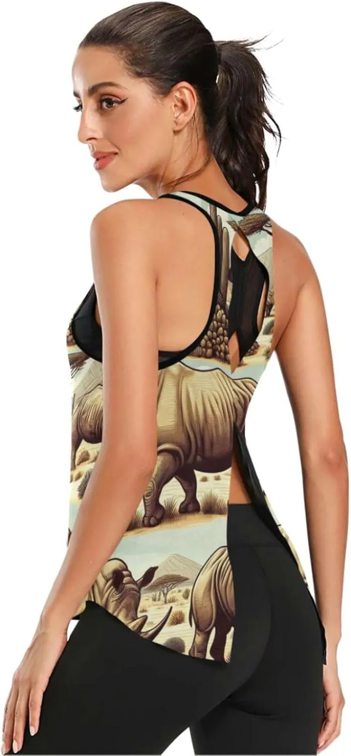 Women's Workout Tank Top Endangered-Rhino-Desert Sleeveless Sport Gym Top Athletic Yoga Tank Top