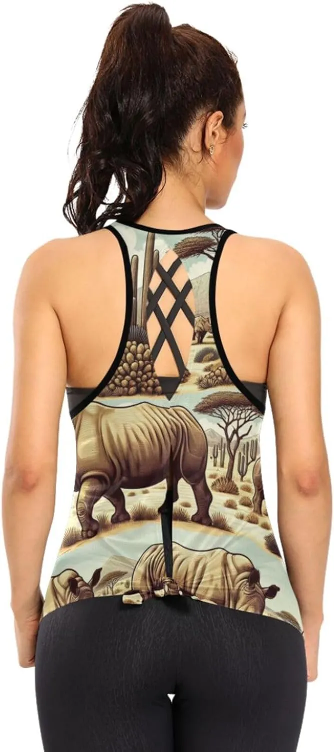 Women's Workout Tank Top Endangered-Rhino-Desert Sleeveless Sport Gym Top Athletic Yoga Tank Top