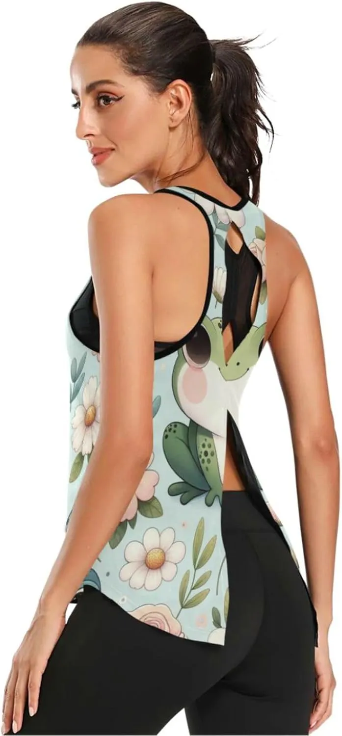 Women's Workout Tank Top Playful-Frogs-Flowers Sleeveless Sport Gym Top Athletic Yoga Tank Top
