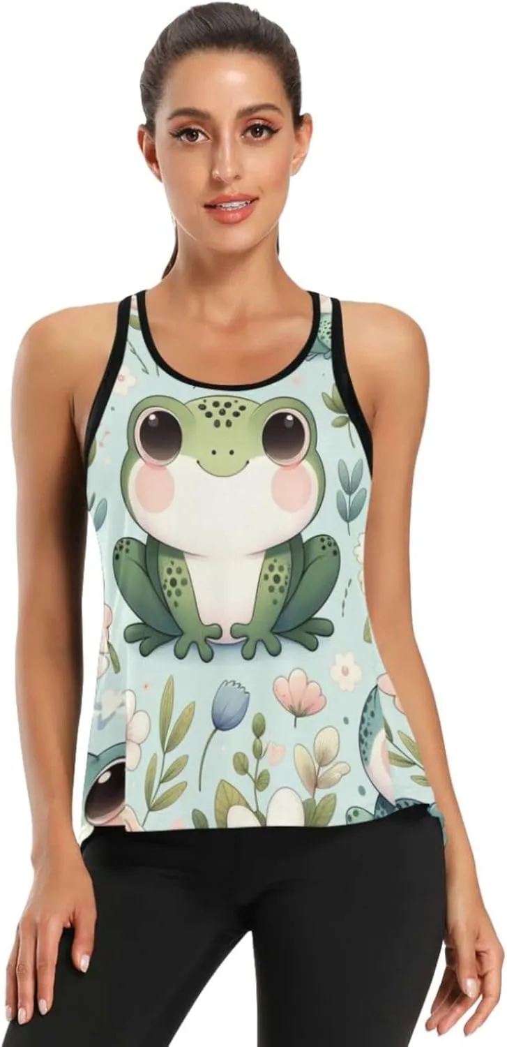 Women's Workout Tank Top Playful-Frogs-Flowers Sleeveless Sport Gym Top Athletic Yoga Tank Top