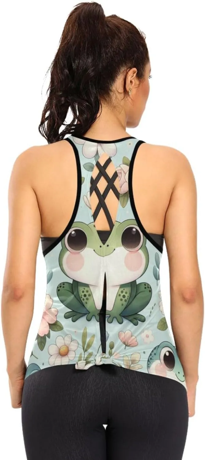 Women's Workout Tank Top Playful-Frogs-Flowers Sleeveless Sport Gym Top Athletic Yoga Tank Top