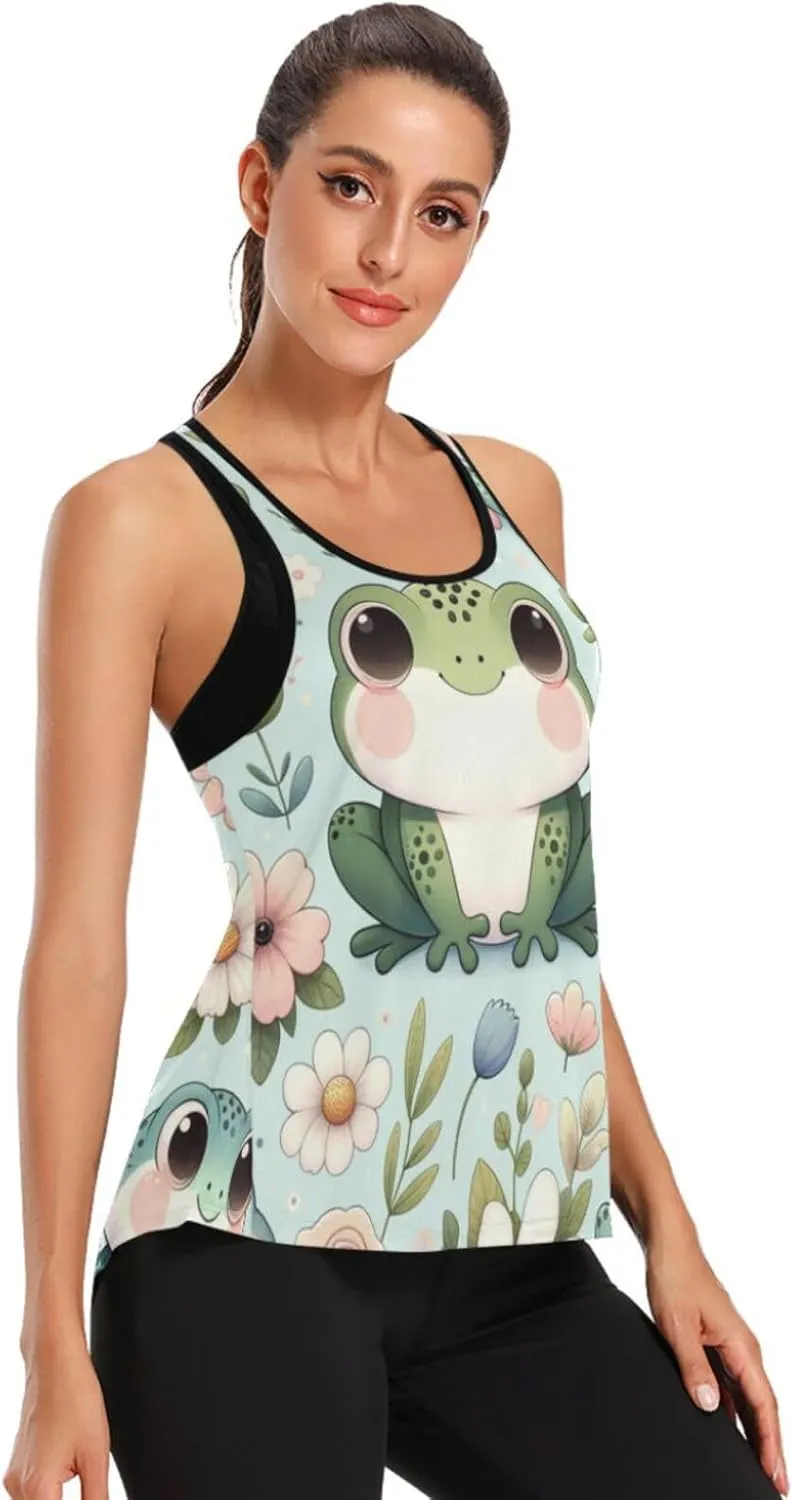 Women's Workout Tank Top Playful-Frogs-Flowers Sleeveless Sport Gym Top Athletic Yoga Tank Top
