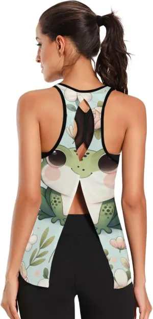 Women's Workout Tank Top Playful-Frogs-Flowers Sleeveless Sport Gym Top Athletic Yoga Tank Top