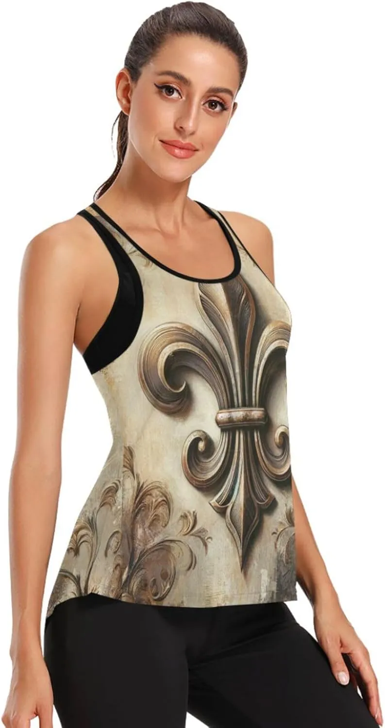 Women's Workout Tank Top Retro-Fleur-de-lis Sleeveless Sport Gym Top Athletic Yoga Tank Top