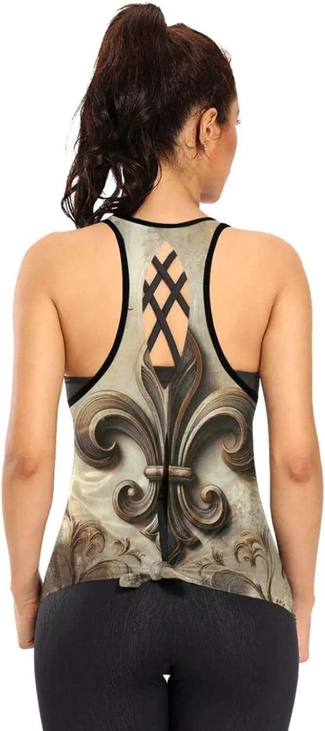Women's Workout Tank Top Retro-Fleur-de-lis Sleeveless Sport Gym Top Athletic Yoga Tank Top
