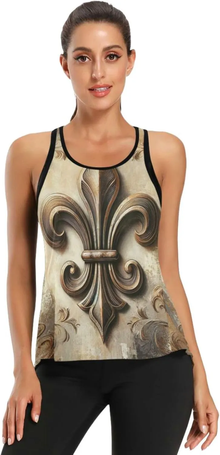 Women's Workout Tank Top Retro-Fleur-de-lis Sleeveless Sport Gym Top Athletic Yoga Tank Top
