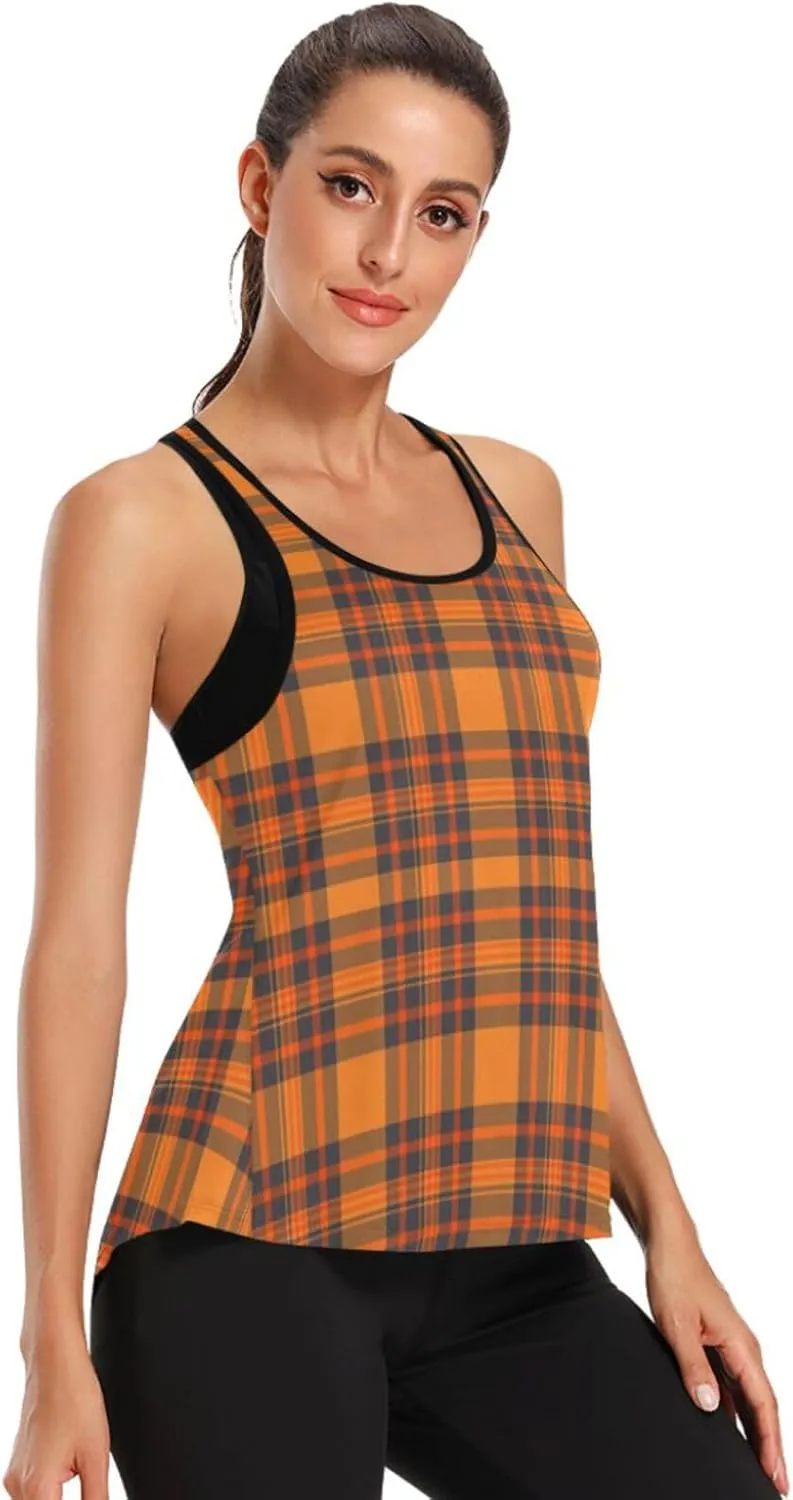 Women's Workout Tank Top Thanksgiving-Plaid-Pumpkin-Orange Sleeveless Sport Gym Top Athletic Yoga Tank Top