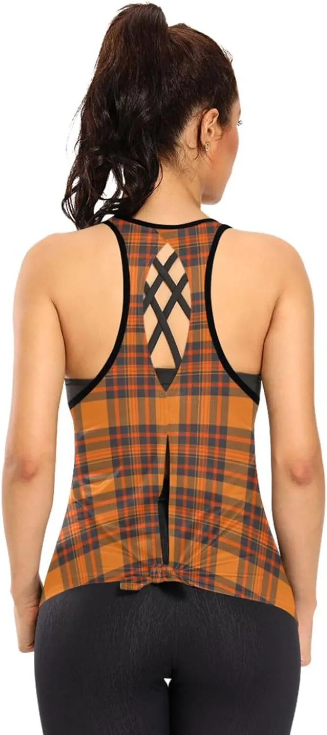 Women's Workout Tank Top Thanksgiving-Plaid-Pumpkin-Orange Sleeveless Sport Gym Top Athletic Yoga Tank Top
