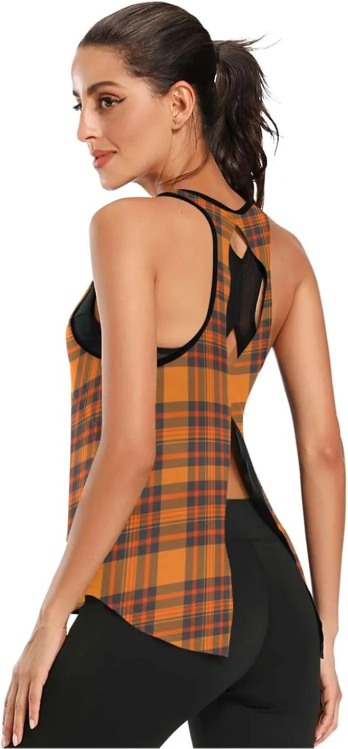 Women's Workout Tank Top Thanksgiving-Plaid-Pumpkin-Orange Sleeveless Sport Gym Top Athletic Yoga Tank Top