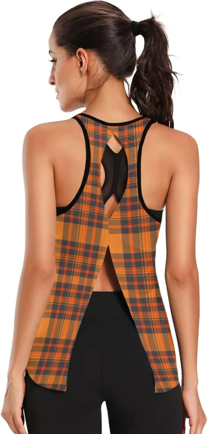 Women's Workout Tank Top Thanksgiving-Plaid-Pumpkin-Orange Sleeveless Sport Gym Top Athletic Yoga Tank Top