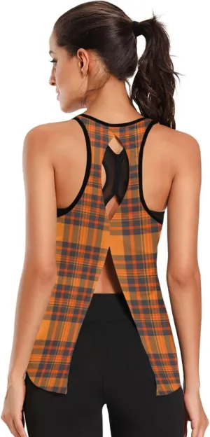 Women's Workout Tank Top Thanksgiving-Plaid-Pumpkin-Orange Sleeveless Sport Gym Top Athletic Yoga Tank Top