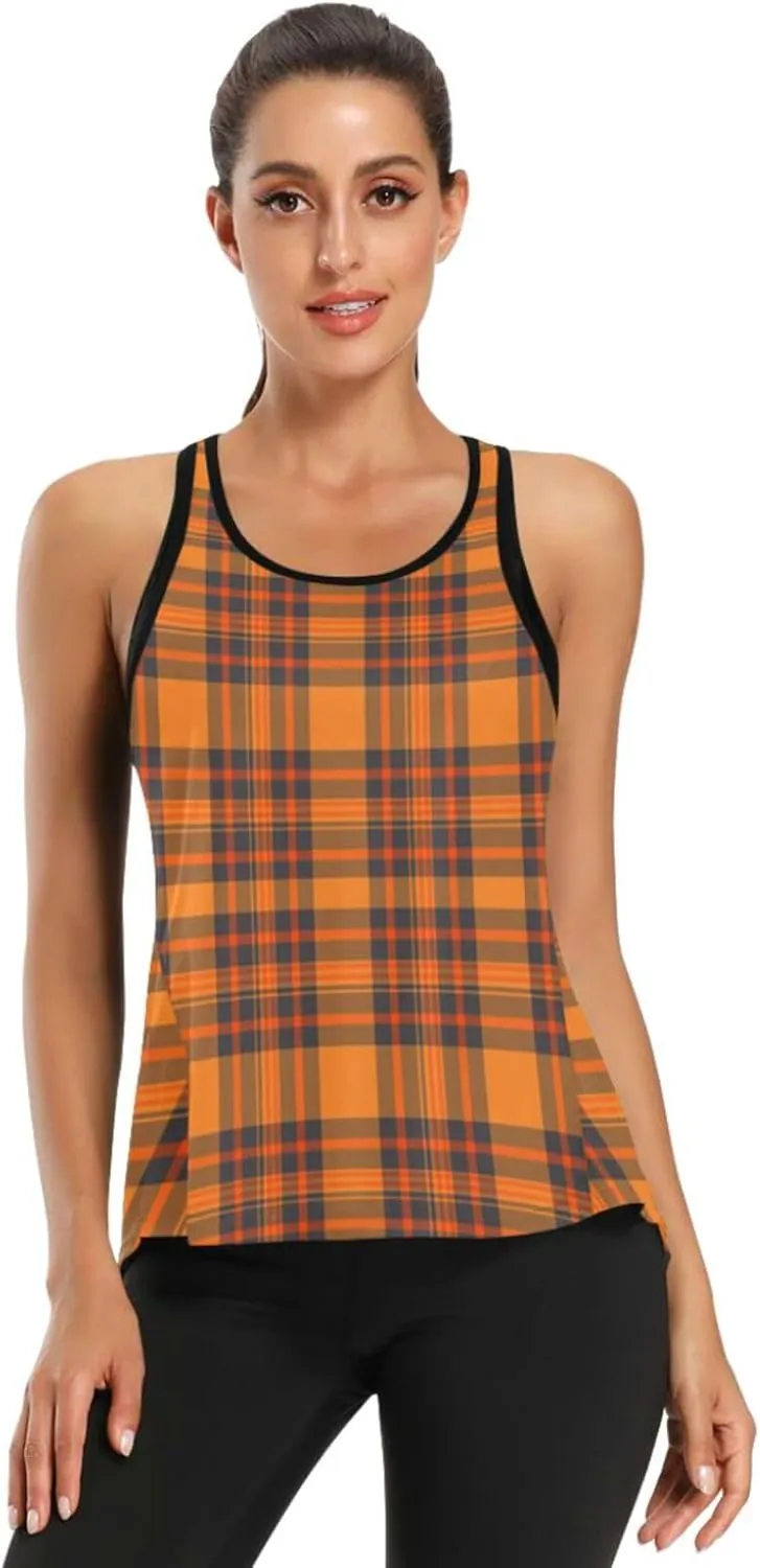 Women's Workout Tank Top Thanksgiving-Plaid-Pumpkin-Orange Sleeveless Sport Gym Top Athletic Yoga Tank Top