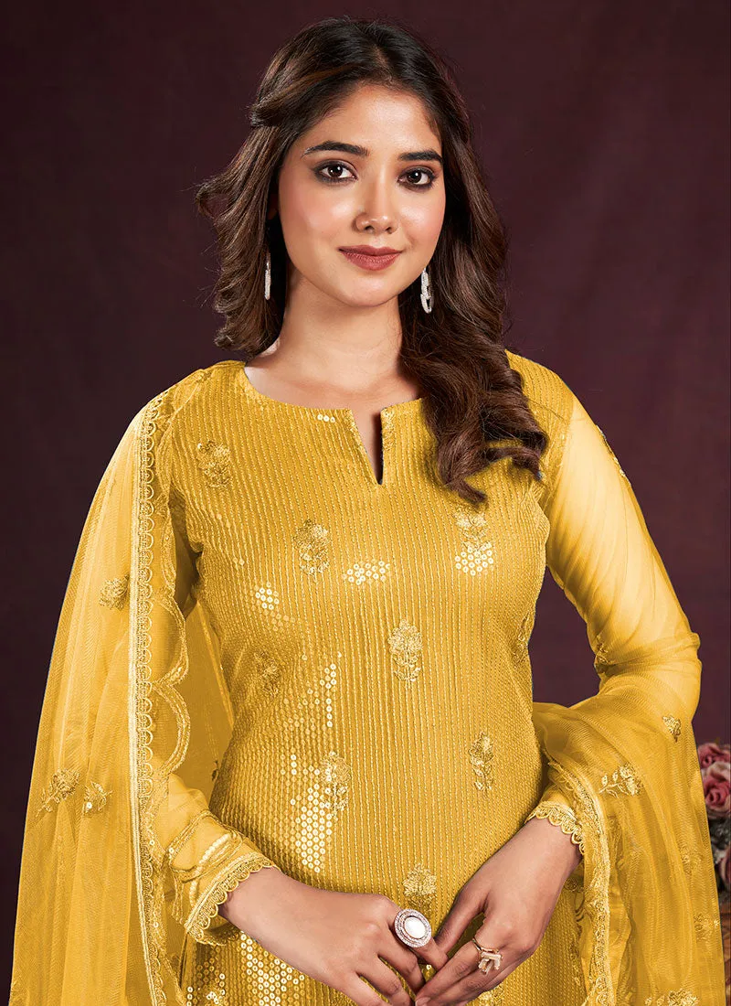 Yellow Sequence Embroidery Pant Style Suit